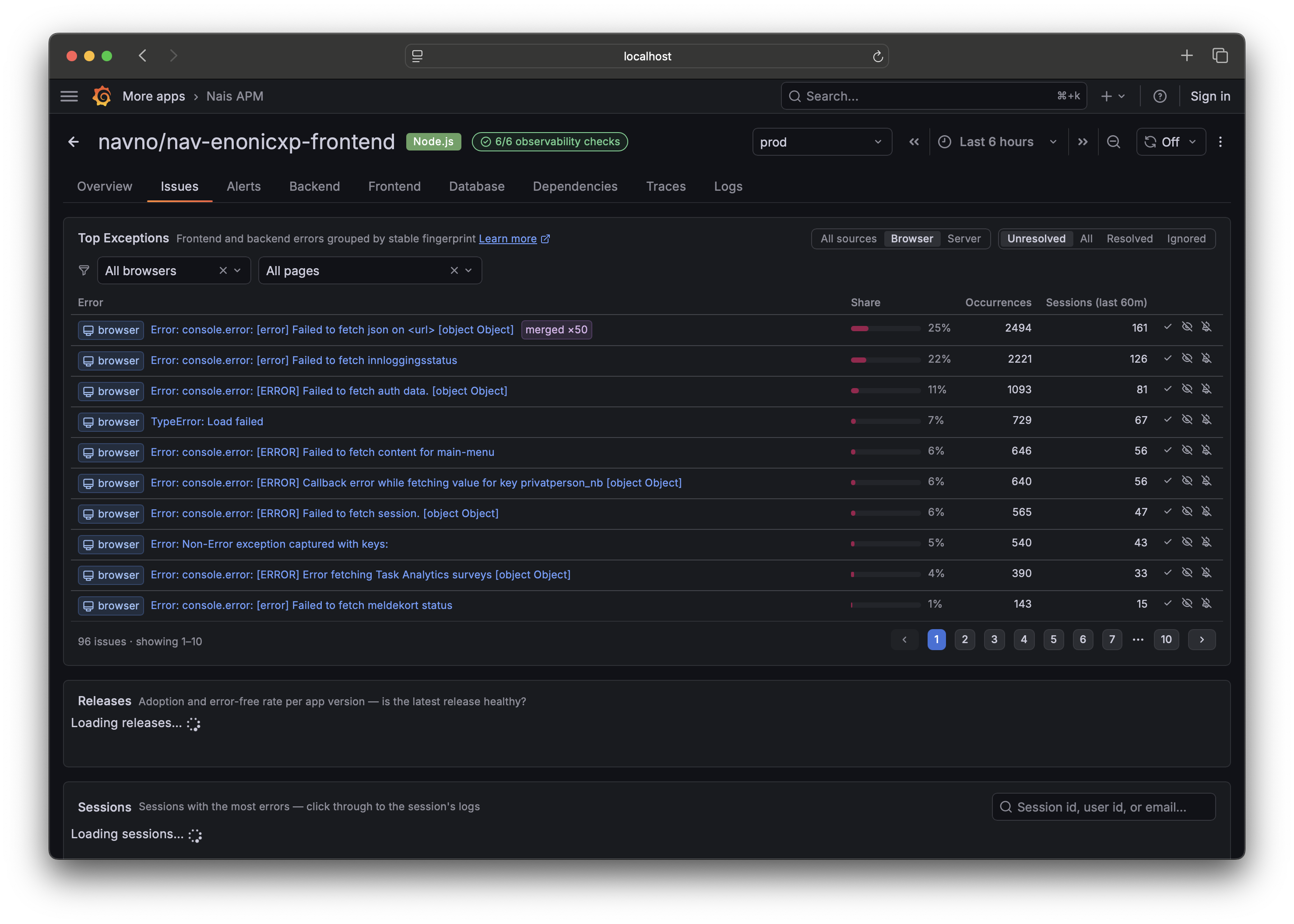 Nais APM Issues tab filtered to browser-sourced exceptions